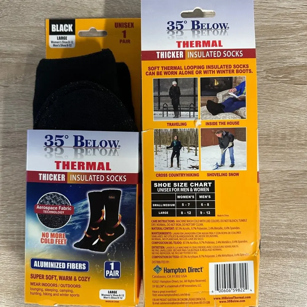 2 PAIRS! 35° Below Thermal Socks Aluminized Fibers Nylon Warming Black Large